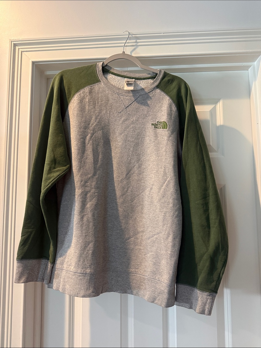 The North Face Crewneck Sweatshirt - Gray Body with Green Sleeves